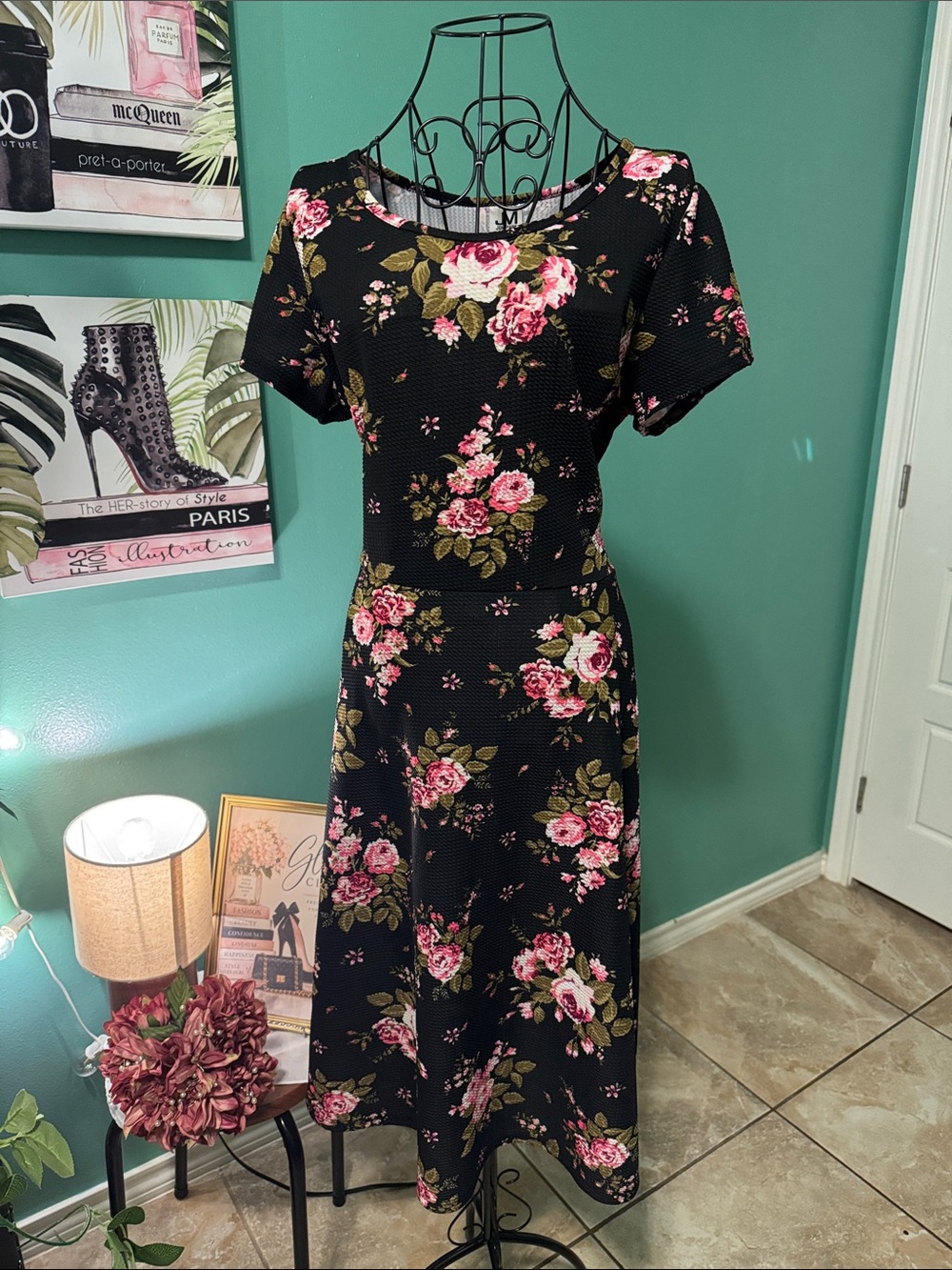jonathan martin Black Midi Dress with Pink Rose Print